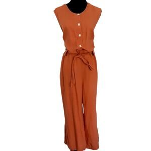 Liz Claiborne Wide Leg Jumpsuit Linen Blend Button Front Terracotta Womens L